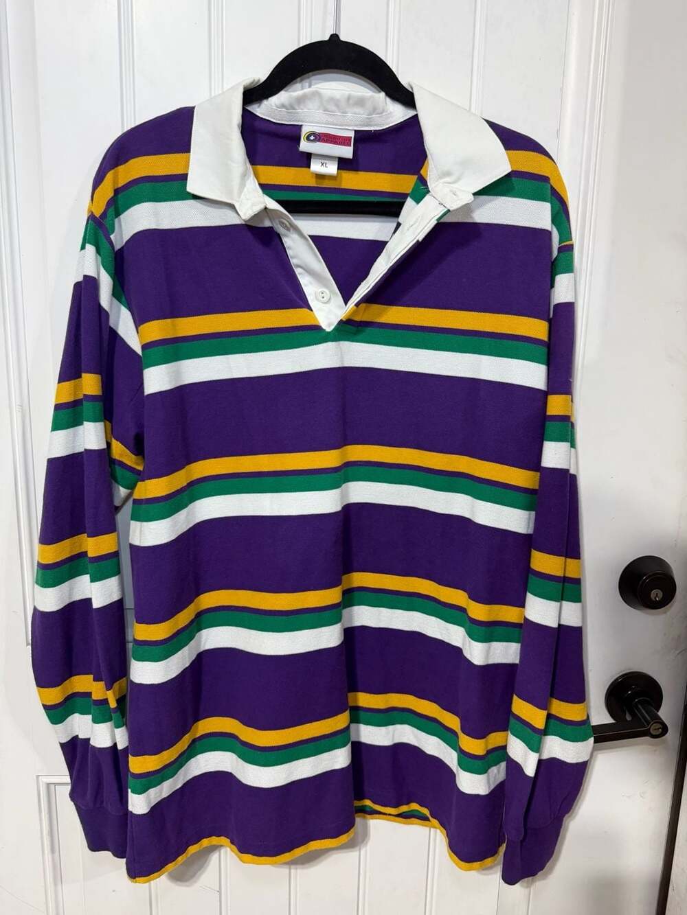 Crescent City Apparel Mardi Gras Striped Long Sleeve Rugby Polo Shirt